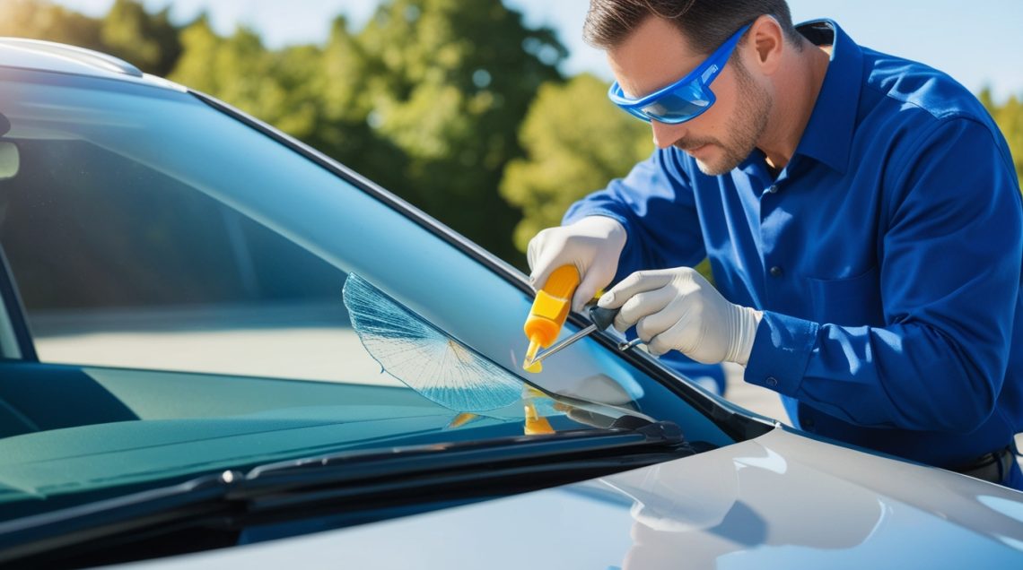 Автомобиль с повреждённым лобовым стеклом, специалист ремонтирует скол