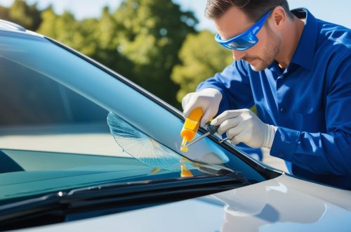 Автомобиль с повреждённым лобовым стеклом, специалист ремонтирует скол